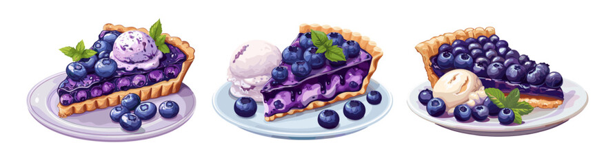 Wall Mural - Frozen blueberry dessert tart cartoon vector illustrations. Dish ice cream sweet garnished berries pastry whipped baked homemade piece foliage vanilla isolated artworks