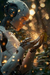 Poster - Futuristic Humanoid Robot Interacting with Glowing Particles