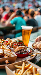 Delicious burgers, fries, and beer, a perfect summer day at the stadium, with red, yellow, and brown colors. 
