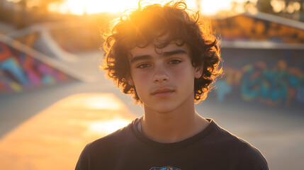 Contemplative young skater with curly hair bathed in warm sunset light at urban skate park, portrait with copy space