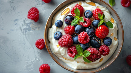 Canvas Print - Bowl of yogurt topped with fresh berries and honey.