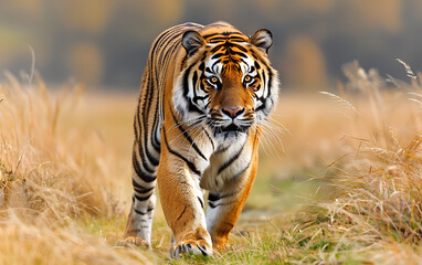  A majestic tiger with orange, black, and white stripes walks through tall golden grass, conveying power and wildness in a nature scene. 
