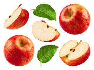 Wall Mural - apples isolated set. collection of red apples, apple slices and halves on transparent background.