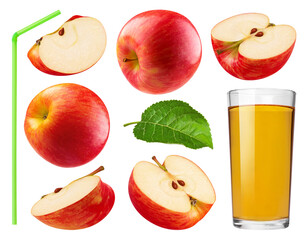 Wall Mural - collection of red apples, apple slices and juice in glass cup isolated on transparent background.