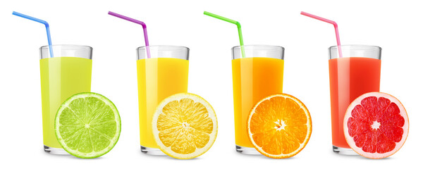 Canvas Print - Citrus juice collection. Set of orange, lemon, lime and grapefruit juices in glass glasses isolated on transparent background.