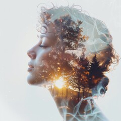 Poster - Double Exposure of Woman's Profile with Forest and Sunset