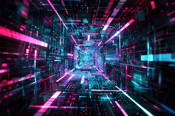 Wall Mural - Neon pink blue and black digital tunnel, futuristic technology concept, cyberpunk style, abstract digital world. 
