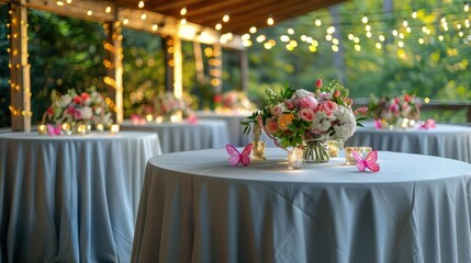 an outdoor corporate event setting under string lights, with tables covered in light grey linens, pi