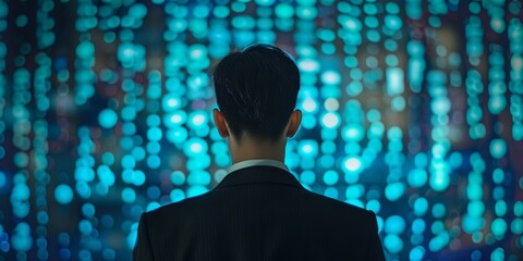 Poster - Businessman Facing Digital Data Screen with Blue Bokeh Lights
