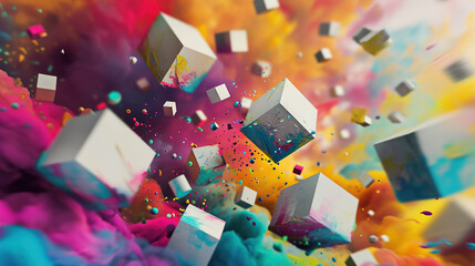 Poster - Abstract white cubes flying into color burst of paint