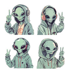 Wall Mural - headset alien gesturing peace cartoon vector scenes. creature profound dark eyes green humanoid fing