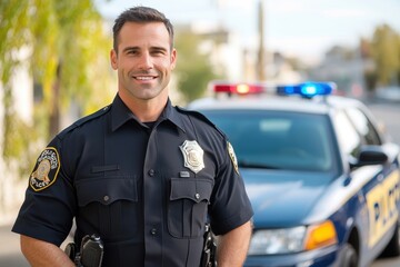 Confident Male Police Officer Standing in Front of Police Car