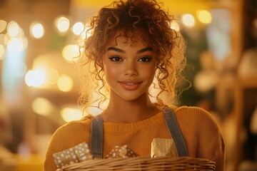 Lady with curly hair assembling DIY Christmas gift baskets illuminated by cheerful bright light in a lively yellow environment