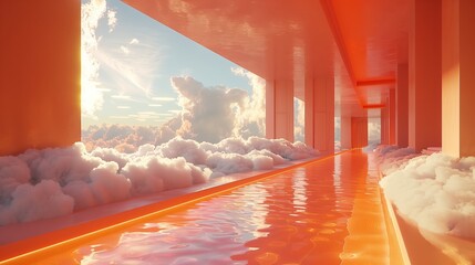 Poster - surreal landscape featuring orange-hued architecture with cloud reflections during sunrise by a tran