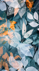 Wall Mural - Abstract blue, white, and orange layered leaves create a delicate and ethereal autumnal mood. 
