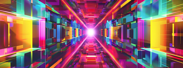 Wall Mural - Abstract digital tunnel with vibrant neon lights and glowing geometric shapes. 
