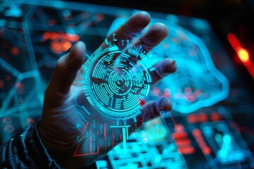 Poster - Red lights shining on a hand, giving a futuristic vibe, Biometric security systems, AI generated