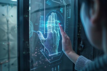 Poster - Hand with red glowing lights, symbolizing power or danger, Biometric security systems, AI generated