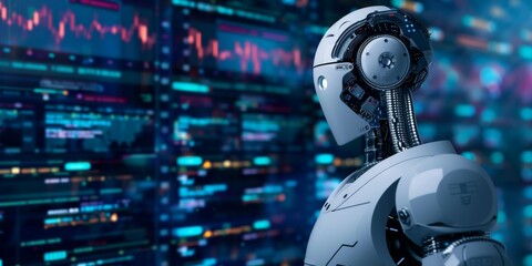 Poster - Futuristic Robot Analyzing Data on Multiple Digital Screens