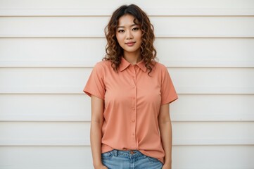 Wall Mural - Confident woman in coral shirt striking pose against white background 