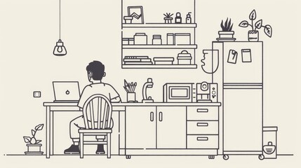 Poster - Minimalist line drawing of a morning work routine.