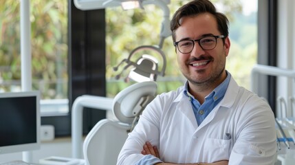 Smiling male dentist in dental office, portrait of self-assured young dental practitioner in his office.