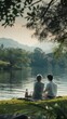© Denisa - Two people share a quiet moment by the lake, appreciating the peaceful surroundings and beautiful landscape