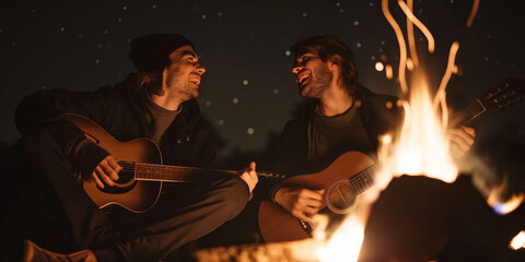 Wall Mural - Cheerful young friends musicians playing a guitar by a bonfire at a campsite on summer night.