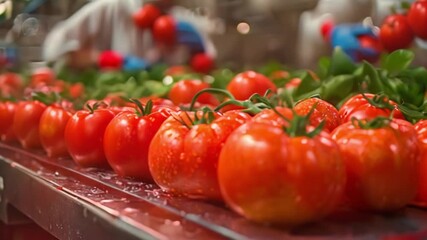 Aufkleber - This Workers sort vibrant tomatoes in a bustling processing facility.