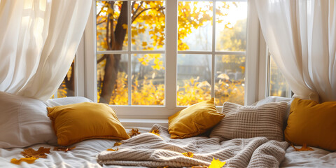 Cozy reading nook with white and yellow pillows, a blanket, a white framed window looking out to a beautiful garden in autumn, with natural light streaming through the windows.