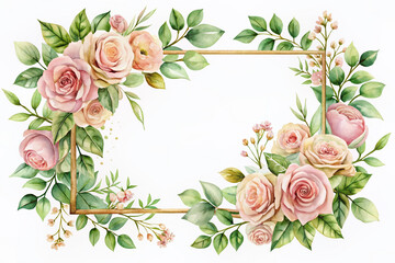 Elegant watercolor frame adorned with soft pink roses, lush greenery, and ornate golden elements, perfect for luxurious and sophisticated design projects.