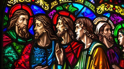 Poster - Stained glass window depicting a biblical scene, vibrant colors and intricate details, traditional and spiritual