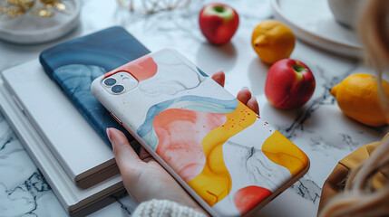 Flat lay of two abstract-designed phone cases on a marble surface, accompanied by fruits. One phone case features colorful, fluid patterns, while the other has a dark, marbled design. 