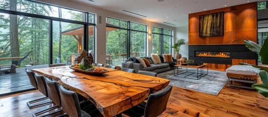 Poster - Modern Living Room with Large Windows and a Live Edge Table