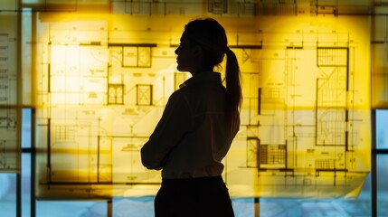 Wall Mural - Silhouette of a businesswoman and an architectural blueprint.