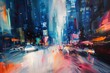 © Tanu - An abstract city street painting with colorful cars and buildings, An abstract interpretation of a bustling city skyline with dynamic movement AI generated