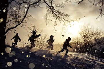 Sticker - Silhouette of children playing in the snow.