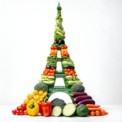 Wall Mural - Various vegetables in shape of Eiffel tower on white.