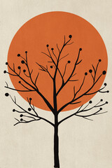 Bare tree silhouette growing in front of big orange sun