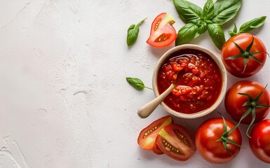 Wall Mural - Vibrant Homemade Tomato Sauce: Fresh Basil and Ripe Tomatoes