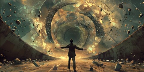 Wall Mural - surreal depiction of a businessman transcending obstacles