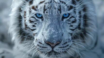 Majestic white tiger staring with intense blue eyes in winter wonderland