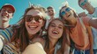 © Johannes - Big group of friends taking selfie picture smiling at camera - Laughing young people celebrating standing outside and having fun - Portrait photography of teens guys and girls enjoying vacation