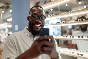 Optometry shop glasses, selfie and black man reading retail sales discount, clinic web info or eyewear prescription. Store, eye care and happy customer check cellphone reflection of vision eyeglasses