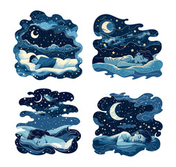 Wall Mural - restorative deep sleep cartoon vector scenes. sleeping child boy clouds pillow stars good night drea