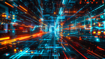Aufkleber - A computer generated image of a city street with a bright blue sky. The street is filled with neon lights and the buildings are tall and colorful. Scene is futuristic and energetic.