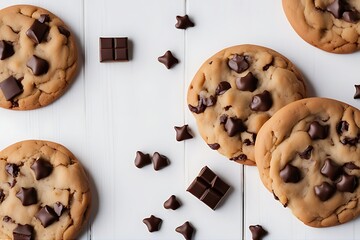 Top view chips chocolate American cookies wooden background white