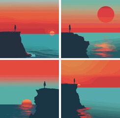 Wall Mural - shaded sundown cartoon vector ideas. mountainous stone ocean coast crag dress edge female shadow gow