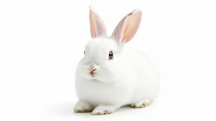 Wall Mural - adorable white rabbit with pink ears and nose soft fur texture visible seated alertly against pure white background capturing its gentle and curious nature