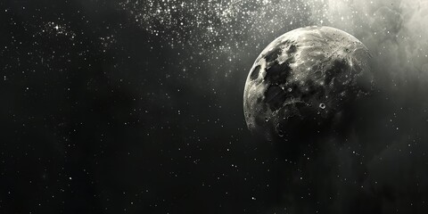 Wall Mural - a black and white photo of a moon in the sky. the moon is surrounded by a lot of stars, making it lo